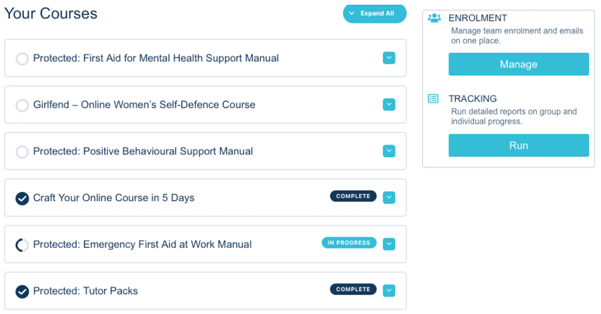 Learners see only the courses assigned to them in a clean, easy-to-use dashboard
