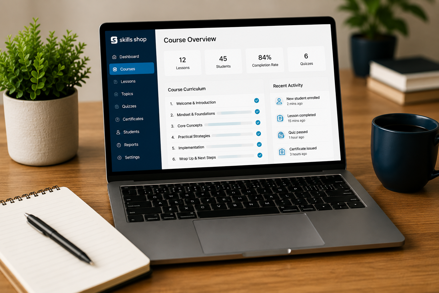 Online course creation service dashboard showing course development and learning platform setup
